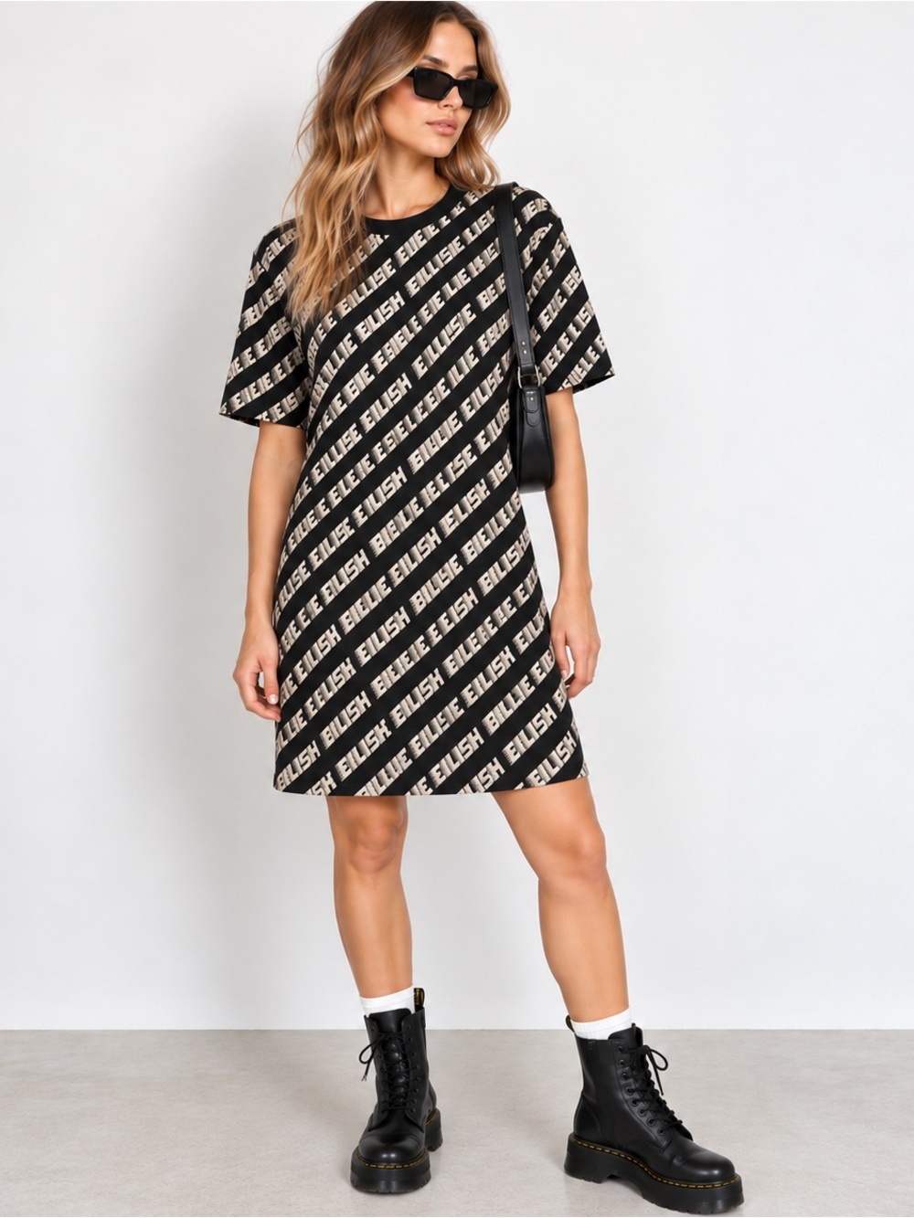 H&M Divided Billie Eilish Logo T Shirt Dress XS Black Tan Alternative Grunge